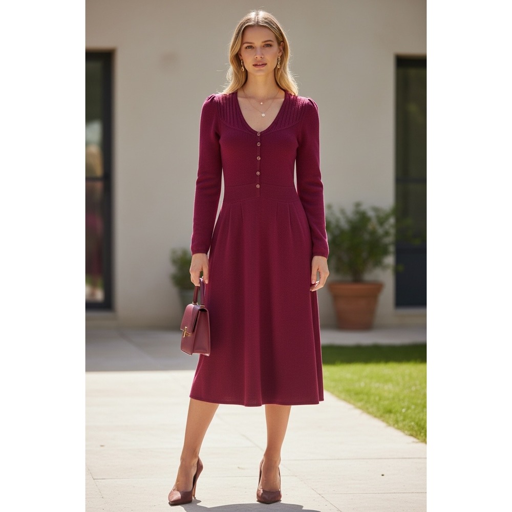 VTG St. John Santana Knit Midi Dress Magenta Scoop Button Pockets Classic Small